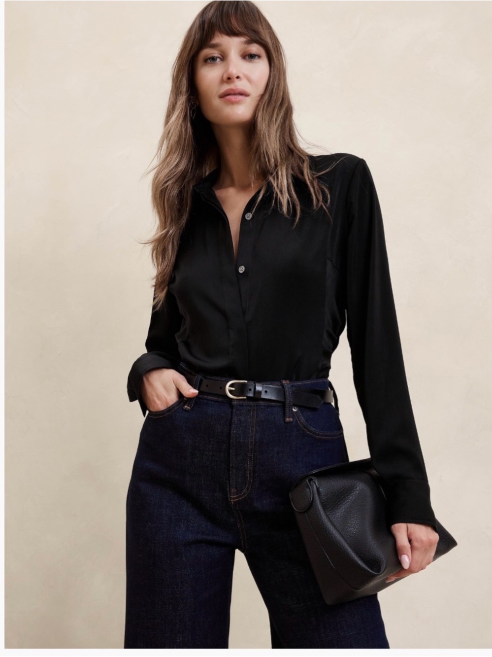Banana Republic Satin Shirred Top Black